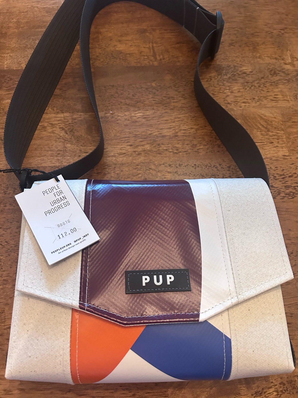 NWT People for Urban Progress Recycled Messenger Bag in Burgundy, Cream & Orange